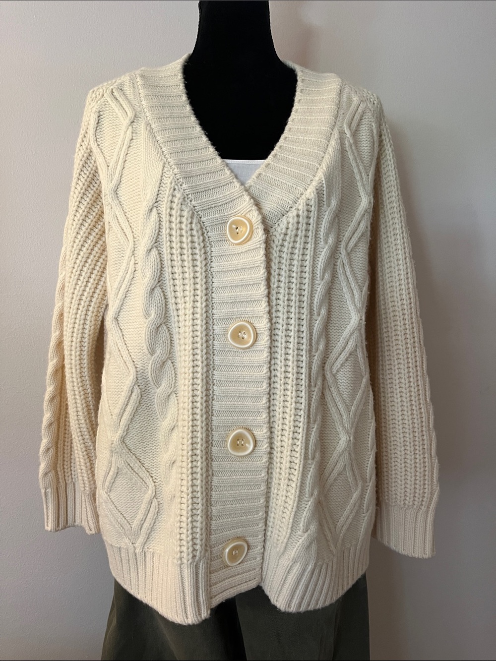 Nap Loungewear 100% Wool Cardigan, O/S, cream cable knit